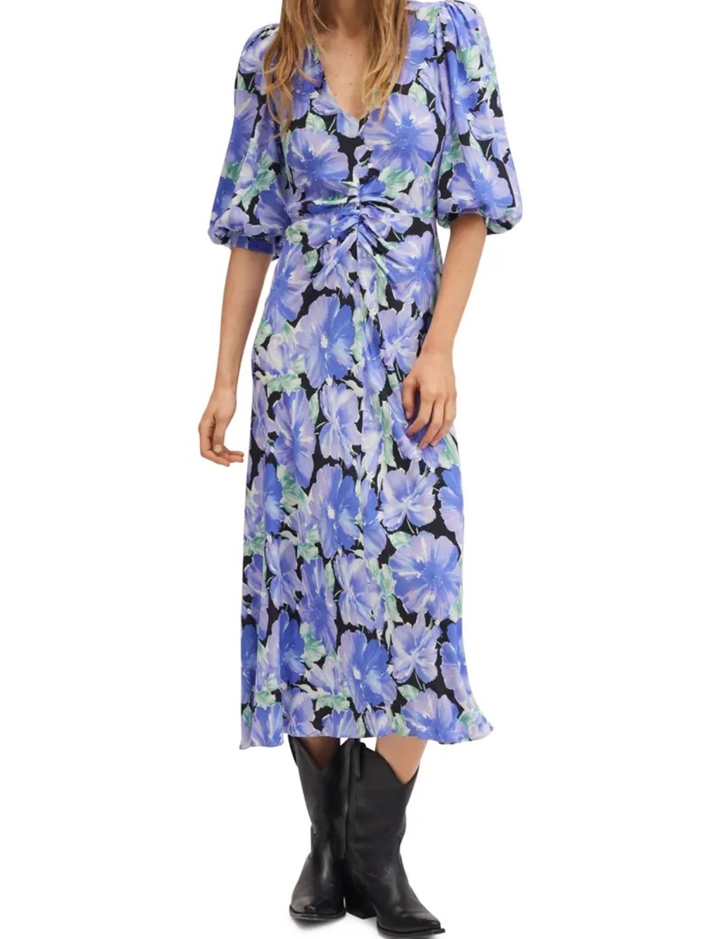NWT Mango Purple Floral Midi Dress with Puff Sleeves
